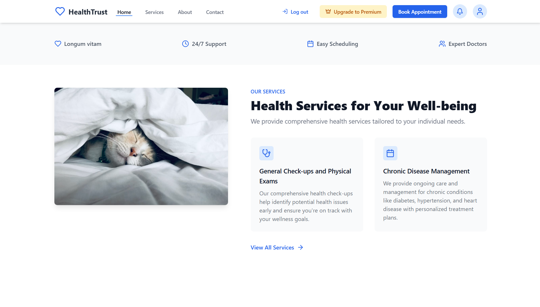 HealthTrust homepage showing Expert Health Consultations Anytime Anywhere landing hero